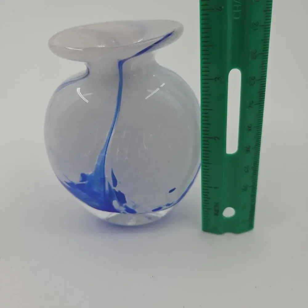 Ron Hinkle Signed Art Glass Bud Vase Blue White Swirl Hand Blown Studio Paperwei